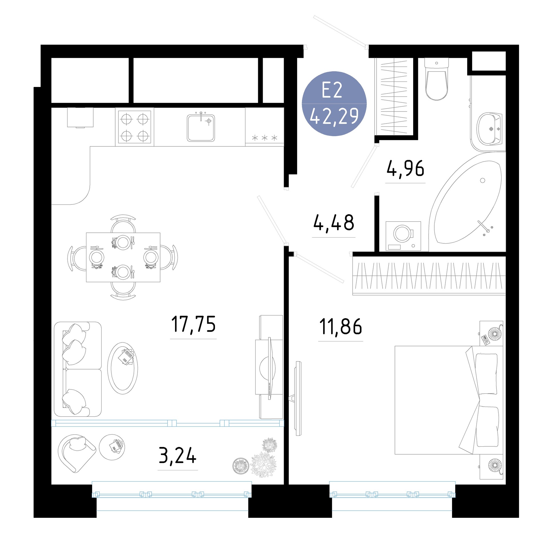Квартира с одной спальней и гостиной 42м² (Евро-2)